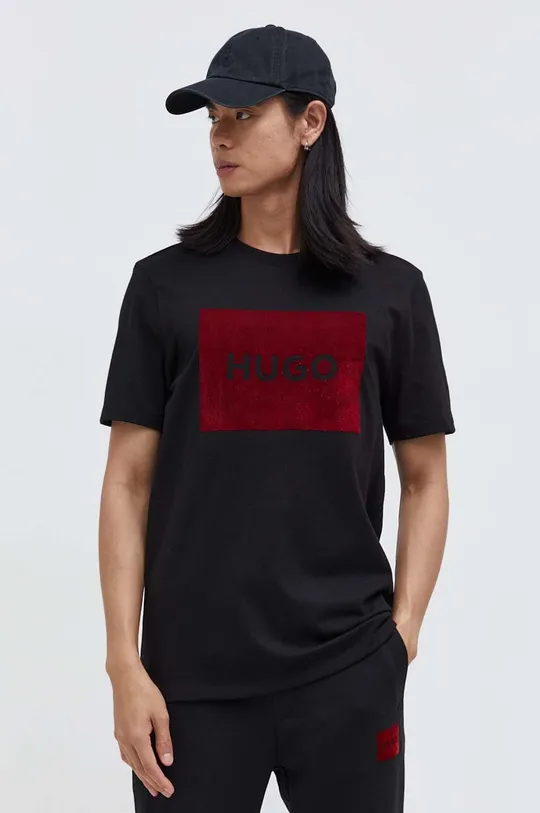 μαύρο Βαμβακερό μπλουζάκι HUGO Ανδρικά