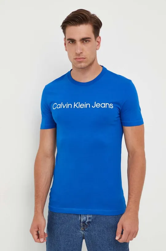 μπλε Βαμβακερό μπλουζάκι Calvin Klein Jeans Ανδρικά