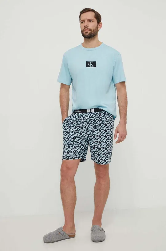 Pamučna pidžama kratkih rukava Calvin Klein Underwear plava