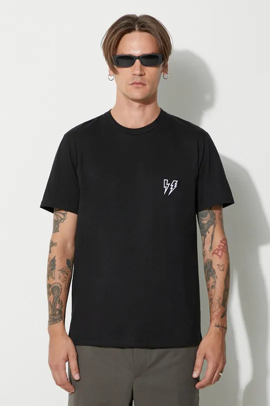 czarny Neil Barett t-shirt bawełniany SLIM DOUBLE BOLT Męski