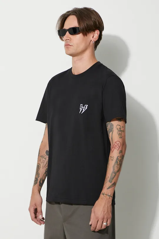 μαύρο Βαμβακερό μπλουζάκι Neil Barett SLIM DOUBLE BOLT