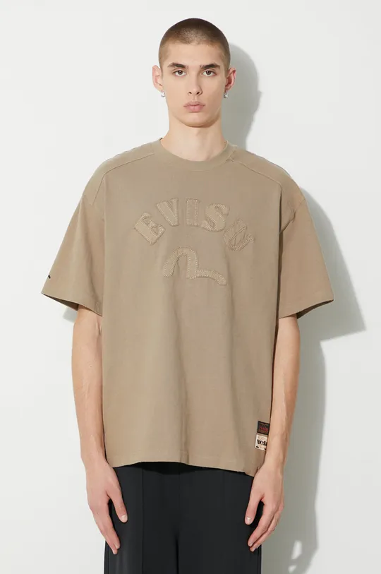 beżowy Evisu t-shirt bawełniany Logo and Seagull Applique Męski