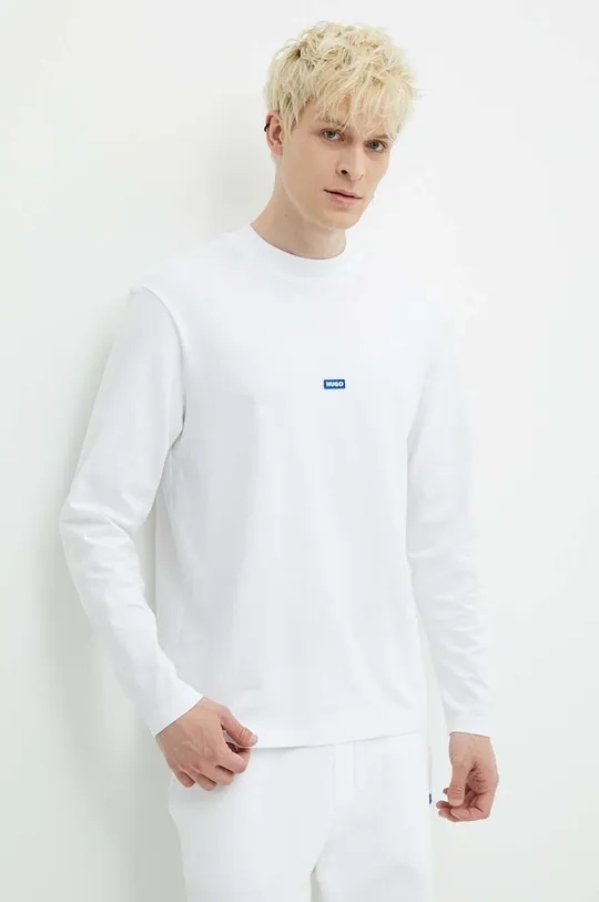 biela Bavlnené tričko s dlhým rukávom Hugo Blue Pánsky