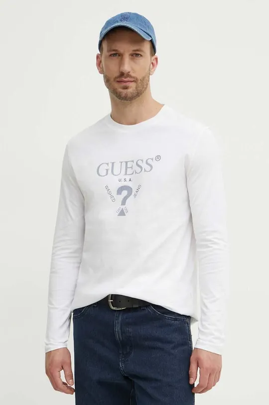 biela Bavlnené tričko s dlhým rukávom Guess Pánsky