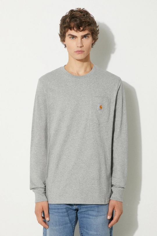 Βαμβακερή μπλούζα με μακριά μανίκια Carhartt WIP Longsleeve Pocket κανονικό γκρί I030437.V6XX