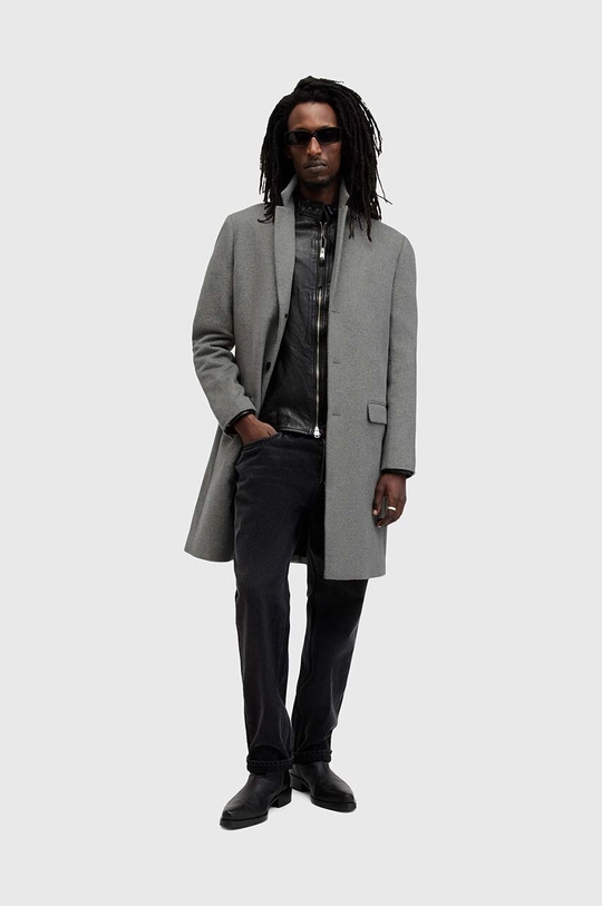 Kabát s prímesou vlny AllSaints HAL COAT bez kapucne sivá M005OZ