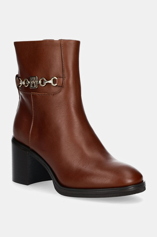 Tommy Hilfiger stivaletti alla caviglia in pelle TH CHAIN LEATHER MID HEEL BOOTIE non isolato marrone FW0FW08183