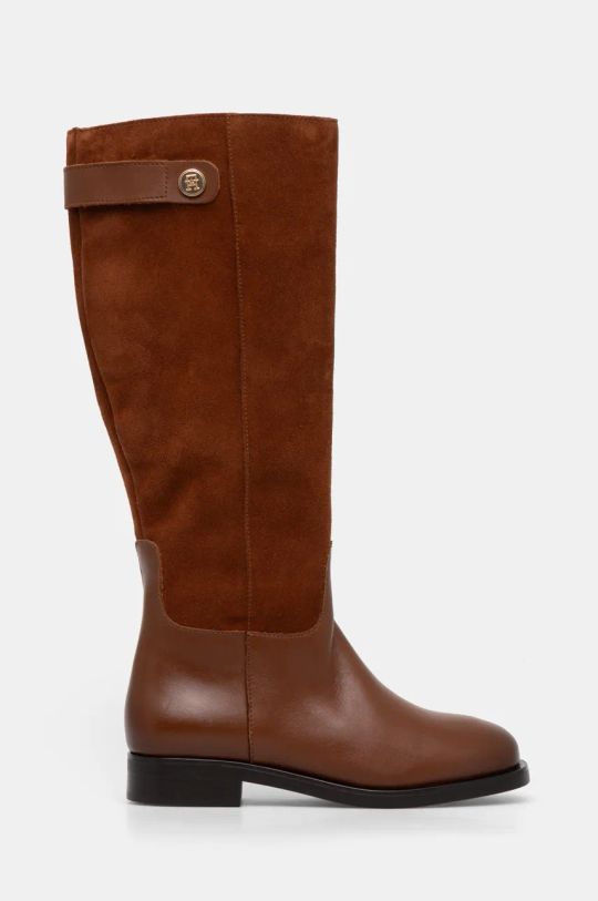 Usnjeni elegantni škornji Tommy Hilfiger TH STUD LEATHER MIX LONG BOOT FW0FW08341 rjava NC24