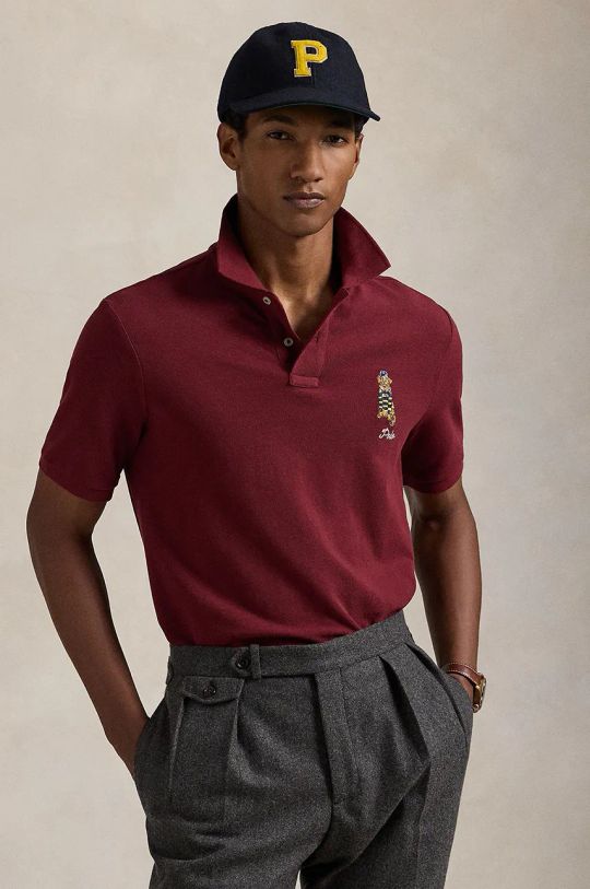 Памучна тениска с яка Polo Ralph Lauren щампа бордо 710953336