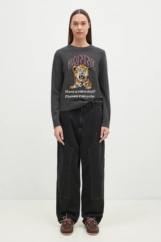 Вовняний светр GANNI Graphic Wool Mix Tiger Crewneck K2278 сірий