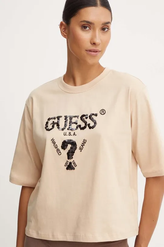 Guess t-shirt bawełniany AURLIE aplikacja beżowy V4YI06.I3Z14