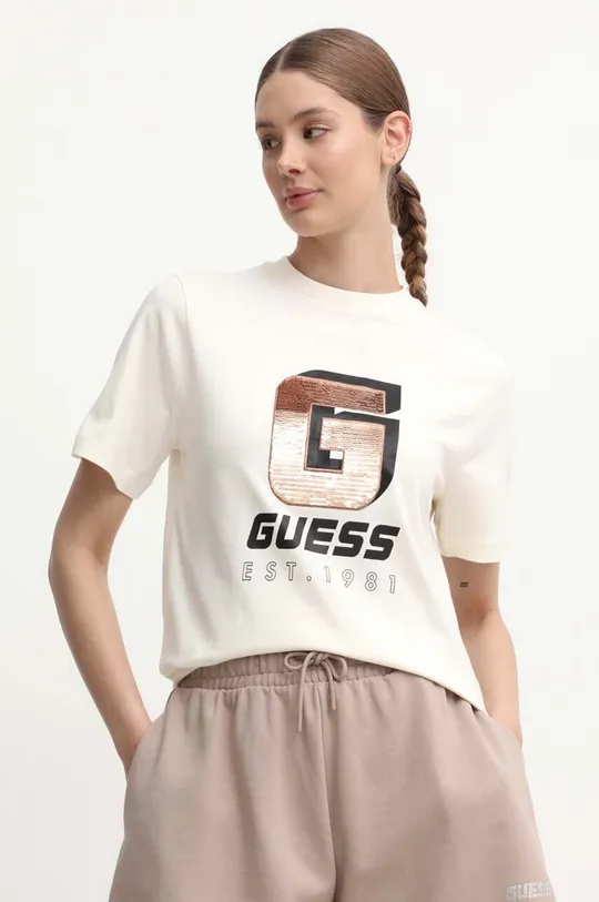 beżowy Guess t-shirt bawełniany INS Damski