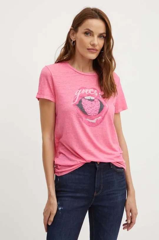 różowy Guess t-shirt BERRY LIPS Damski