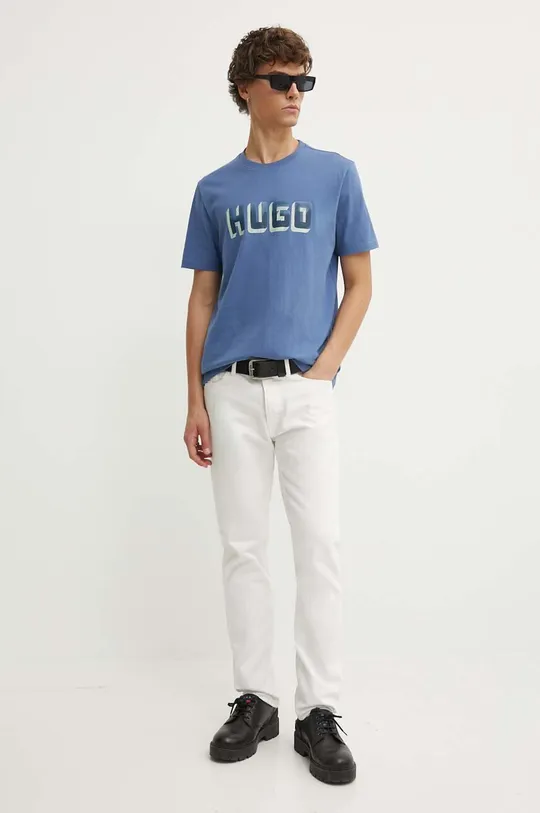 голубой Хлопковая футболка HUGO Мужской