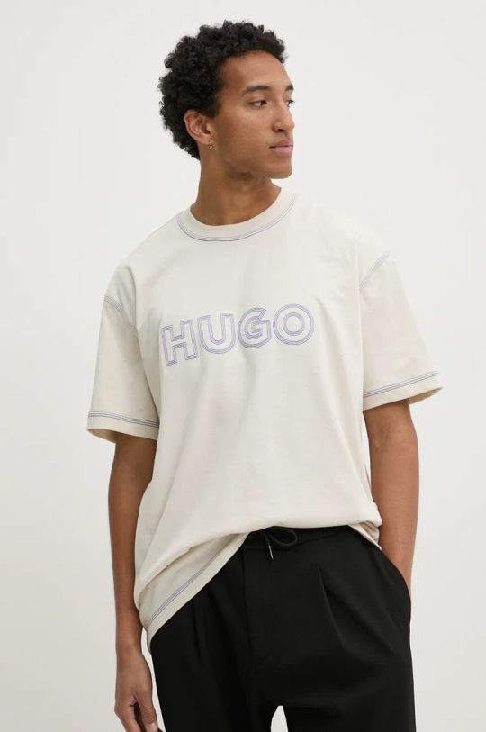 Hugo Blue t-shirt bawełniany aplikacja beżowy 50521686