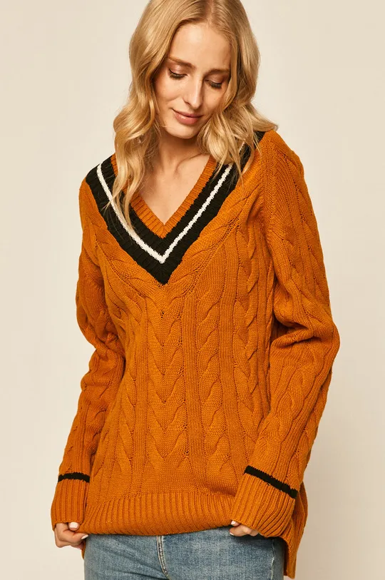 żółty Sweter damski ze spiczastym dekoltem pomarańczowy Damski