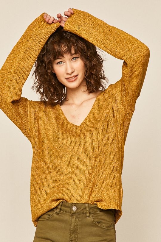 ciepły oliwkowy Sweter damski ze spiczastym dekoltem żółty Damski