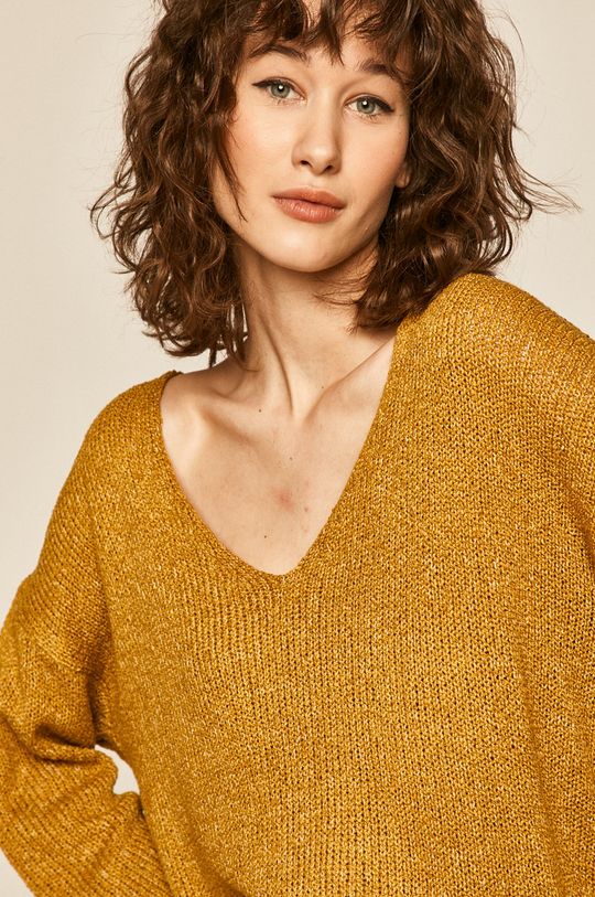 ciepły oliwkowy Sweter damski ze spiczastym dekoltem żółty