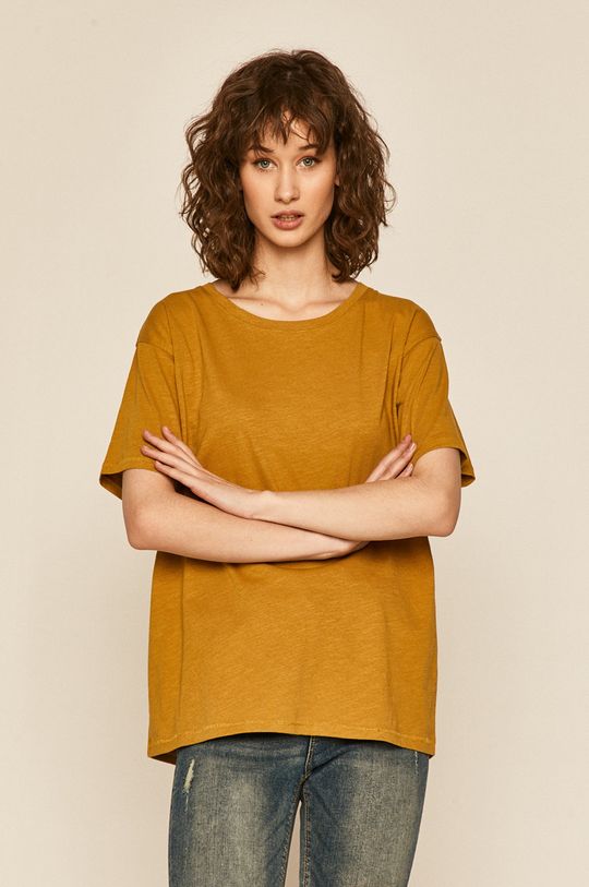 ciepły oliwkowy T-shirt damski bawełniany żółty