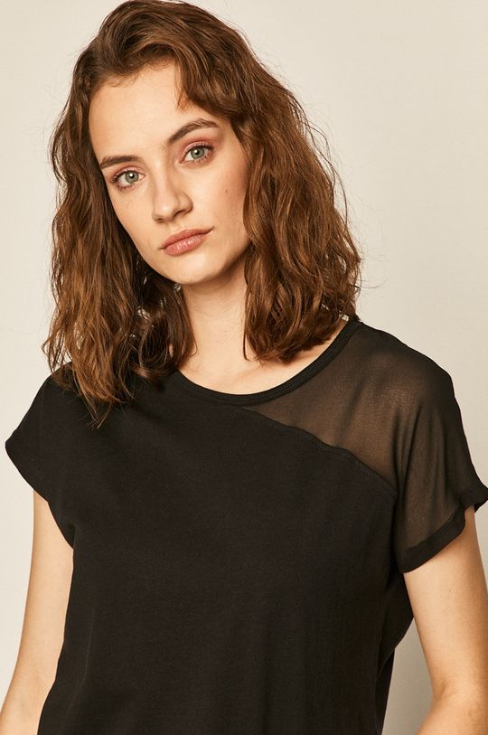 czarny T-shirt damski z transparentnymi wstawkami czarny Damski