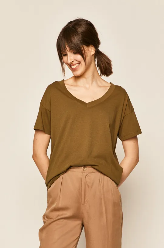 T-shirt damski ze spiczastym dekoltem zielony zielony