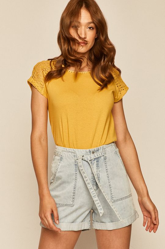 ciepły oliwkowy T-shirt damski z bawełny organicznej żółty Damski
