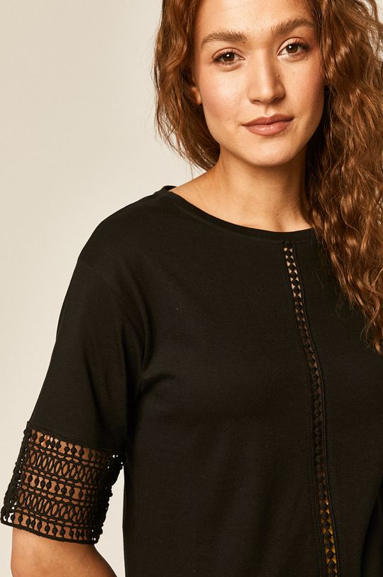 czarny Bawełniany t-shirt damski z ażurowymi wstawkami czarny Damski