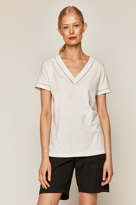 biały T-shirt damski ze spiczastym dekoltem biały