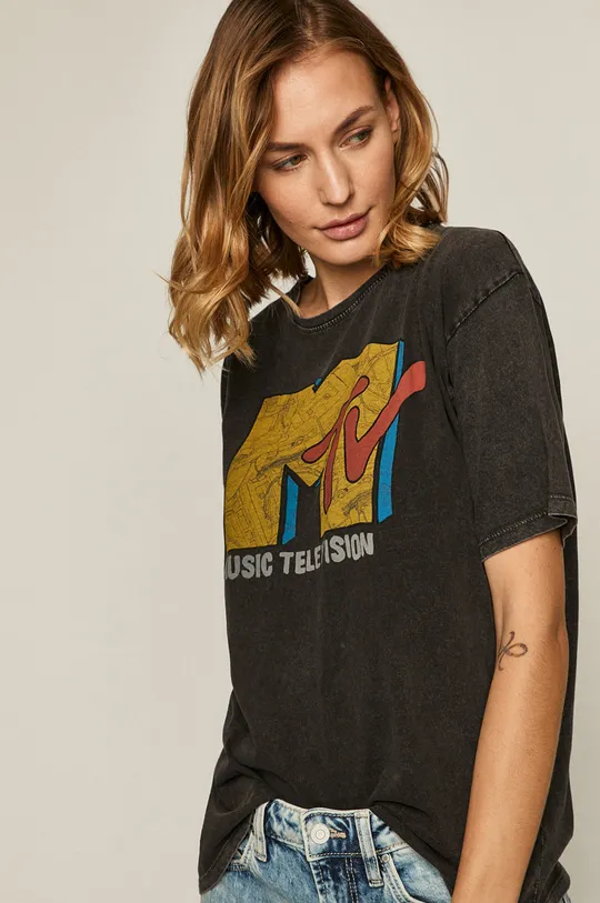szary T-shirt damski z nadrukiem MTV szary