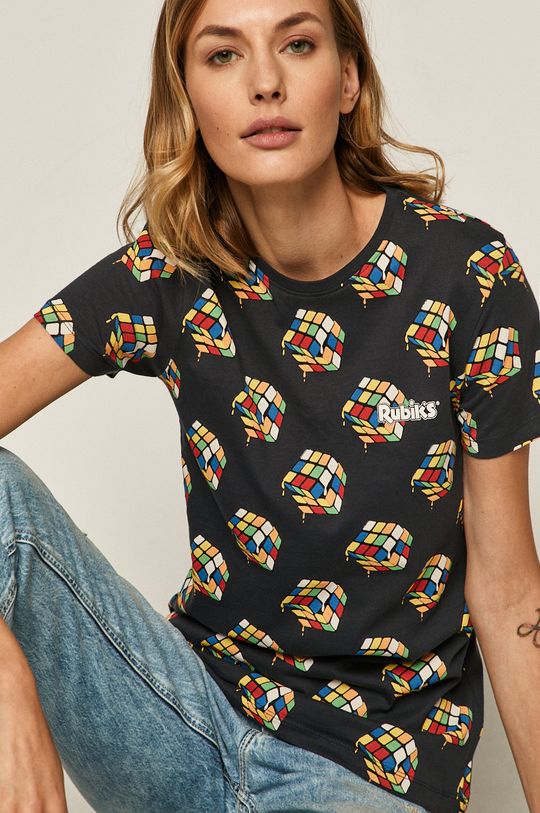czarny T-shirt damski z nadrukiem Kostka Rubika czarny Damski