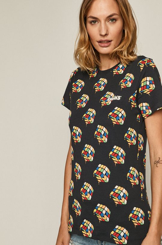 czarny T-shirt damski z nadrukiem Kostka Rubika czarny
