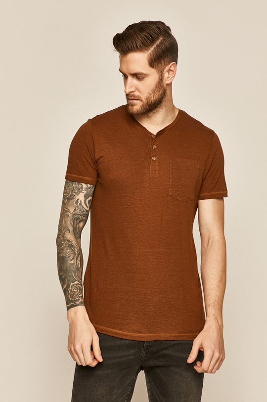 brązowy T-shirt męski lniany brązowy