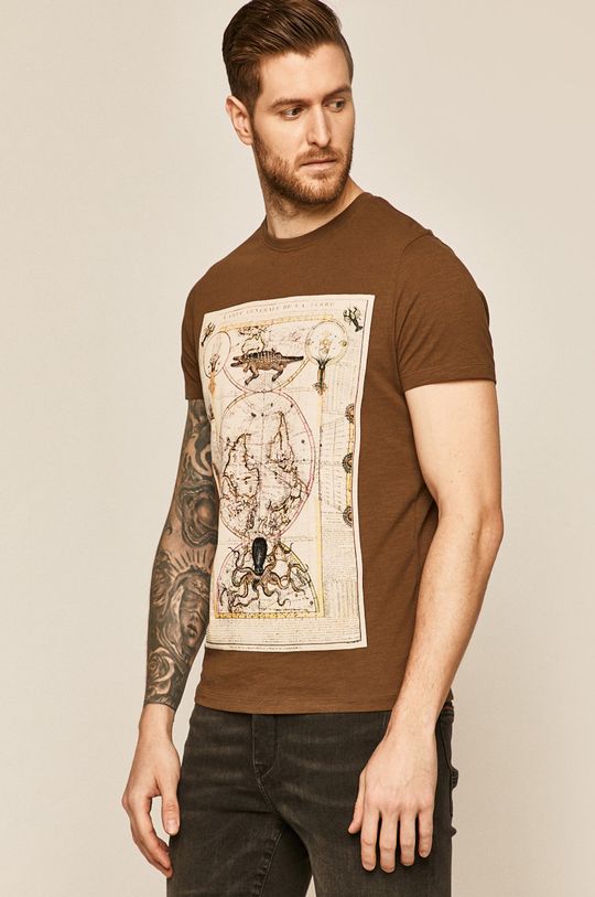 brązowy Bawełniany t-shirt męski z nadrukiem brązowy Męski