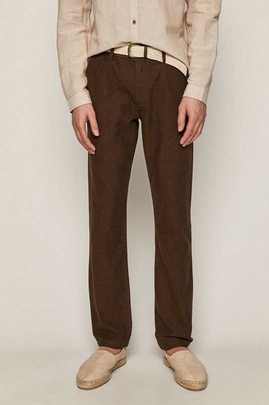 ciemny brązowy Spodnie męskie dresowe lniane z paskiem brązowe