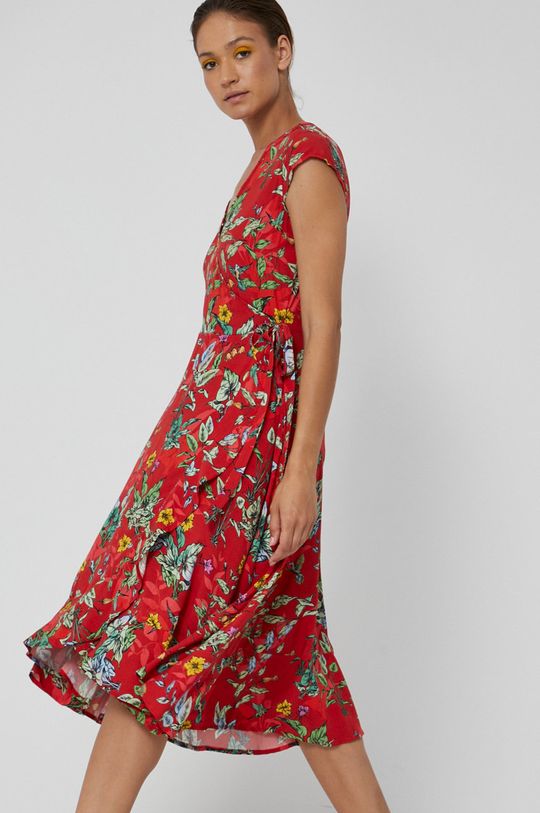 czerwony Kopertowa sukienka damska w roślinny wzór czerwona
