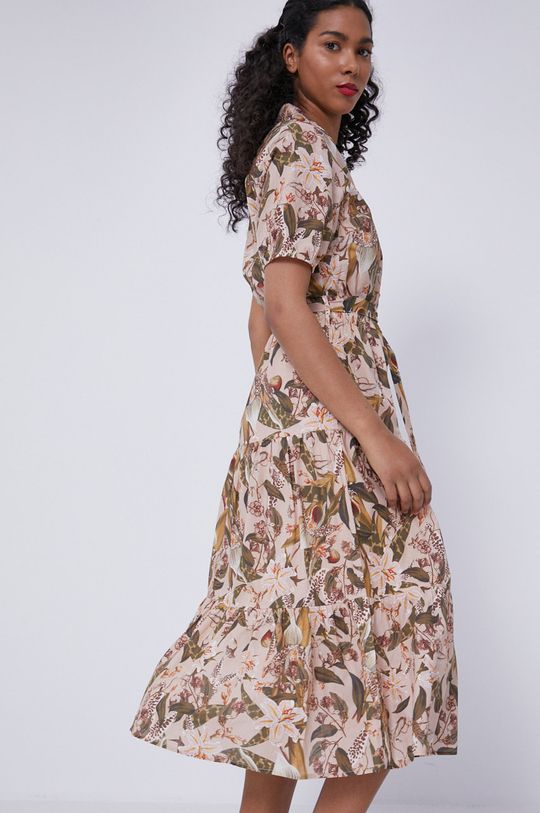 Bawełniana sukienka damska w roślinny wzór beżowa Damski