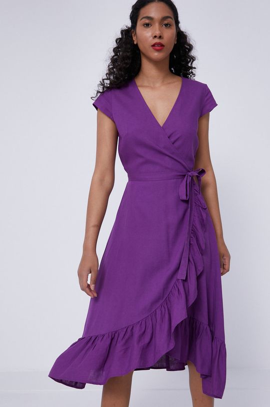 Sukienka damska z domieszką lnu fioletowa purpurowy