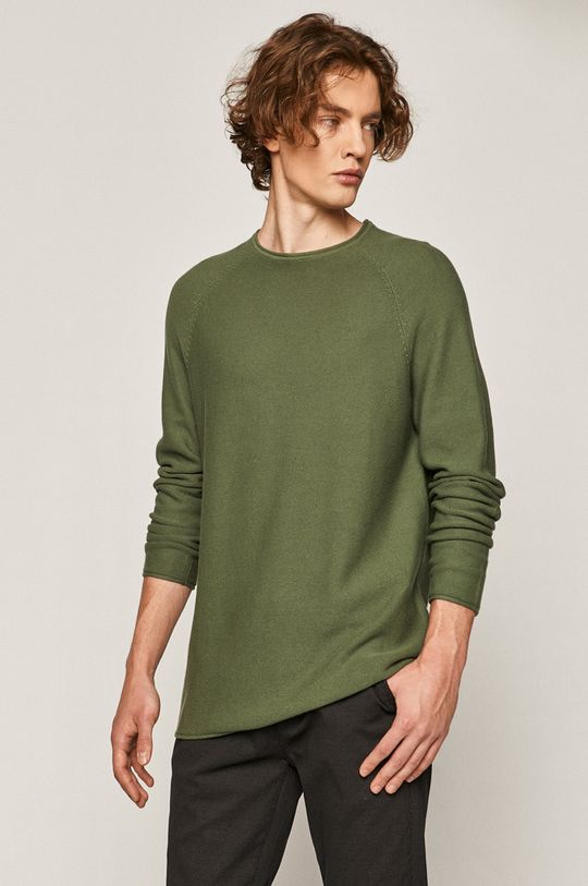 jasny oliwkowy Sweter męski z bawełnianej dzianiny zielony