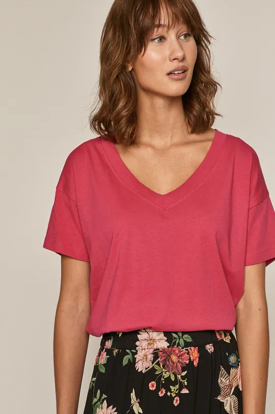 różowy T-shirt damski z bawełny organicznej z dekoltem V różowy