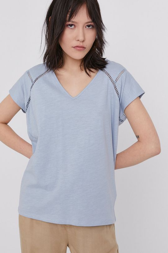 blady niebieski T-shirt damski z bawełny organicznej z dekoltem V niebieski