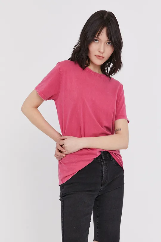 różowy Bawełniany t-shirt damski z efektem acid wash różowy Damski