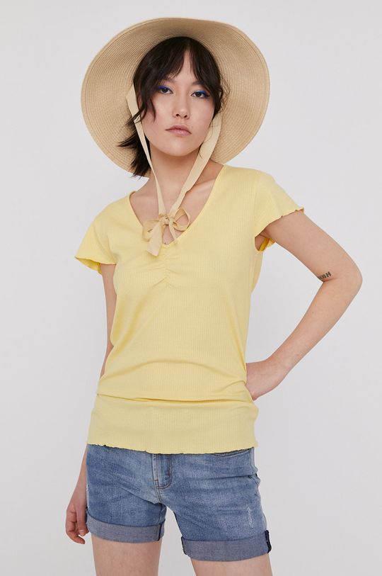 jasny żółty T-shirt damski z prążkowanej dzianiny żółty Damski