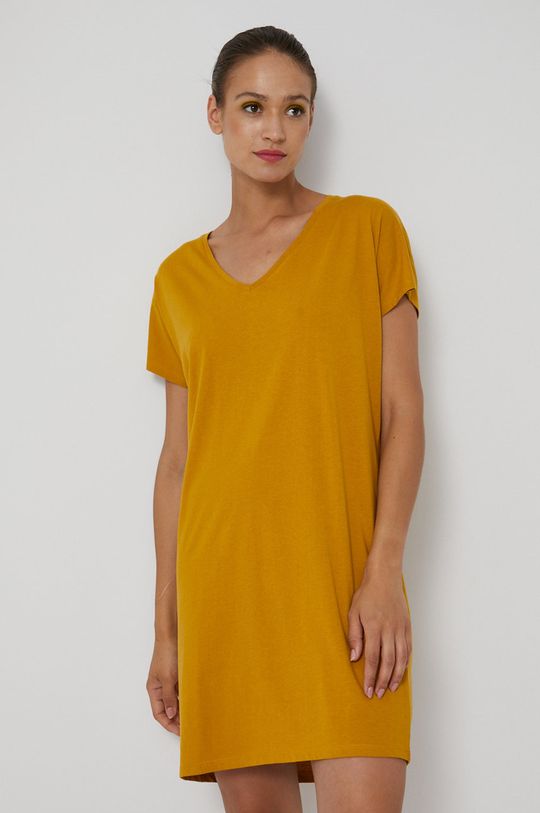 bursztynowy Długi t-shirt damski z dekoltem V żółty Damski