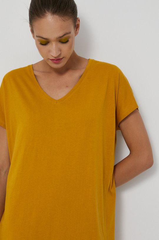 bursztynowy Długi t-shirt damski z dekoltem V żółty