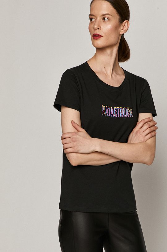 czarny T-shirt damski z bawełny organicznej z napisem KATASTROFA czarny