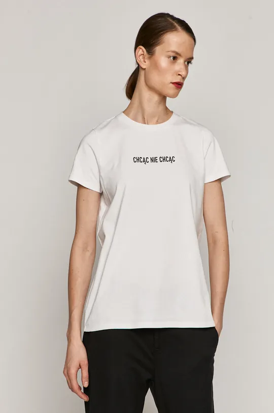 biały T-shirt damski z bawełny organicznej z nadrukiem CHCĄC NIE CHCĄC biały