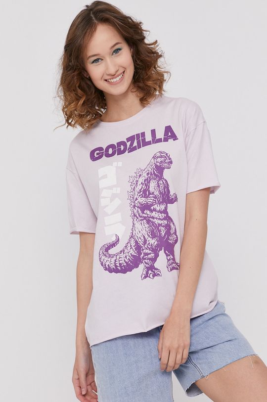 lawendowy T-shirt damski z nadrukiem Godzilla fioletowy