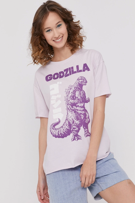 fioletowy T-shirt damski z nadrukiem Godzilla fioletowy