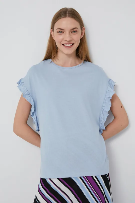 niebieski T-shirt damski z falbanką niebieski Damski
