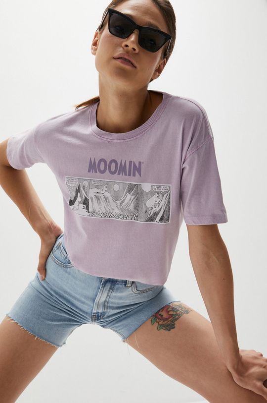 lawendowy T-shirt bawełniany damski z nadrukiem Moomin fioletowy Damski